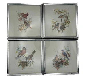 Juego de 4 pájaros cazadores Paul Whitney vintage firmados color plata enmarcados 5"x 5" Ea - Imagen 1 de 16