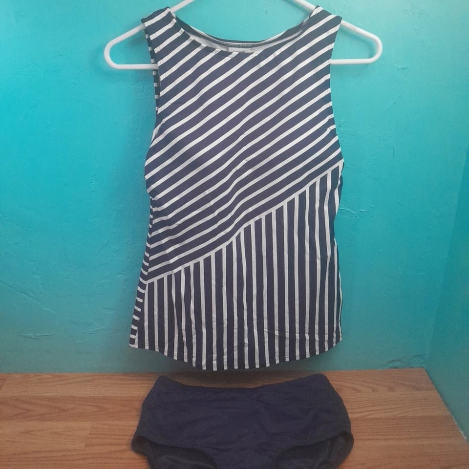 Camiseta de natación Lands End regular cuello alto a rayas azul marino/blanco talla 6 parte inferior talla 4 Foto 1 de 4