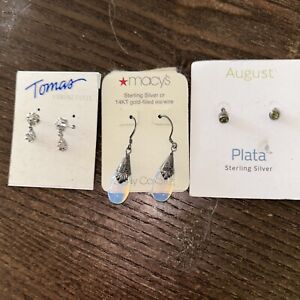 Sterling Silver Three Pairs Of Earrings ( Thomas , Macys And Plata Peridot 
