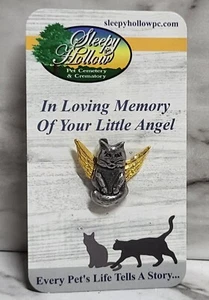 Deceased Pet Memorial Pin. Silver Tone Cat Gold Tone Wings. Sleepy Hollow. New. - Picture 1 of 5