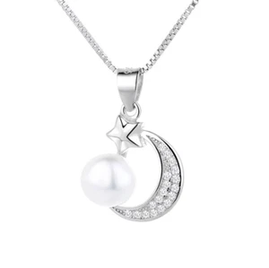 Sterling silver Moon Star Freshwater Pearl micro-pave Pendant Necklace Gift Box - Picture 1 of 10