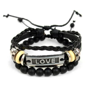 Juego de pulsera de dos piezas "Love" de cuero genuino y piedra natural para hombre - - Imagen 1 de 7