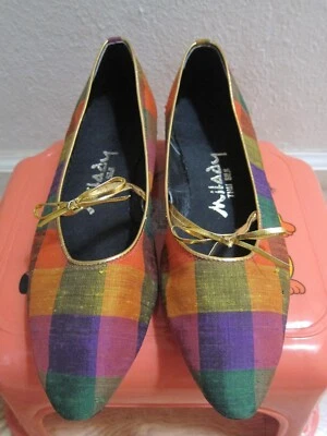 Zapatos vintage para mujer Milady multicolores a cuadros 100 % seda tailandesa - talla 7,5 M Foto 1 de 4