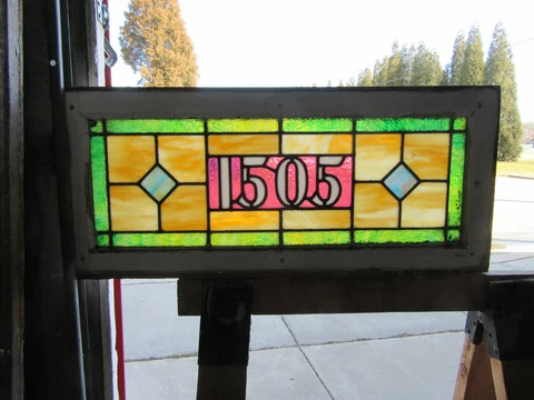 ~ ANTIQUE STAINED GLASS TRANSOM WINDOW ~ 32 x 14 ~ ADDRESS 1505 ~ SALVAGE Cover