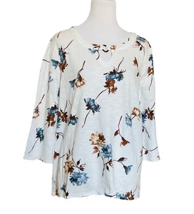 Chico's Blue and Brown Floral Tunic Blouse Size 3/16 Short Sleeves Cotton Blend - Picture 1 of 9