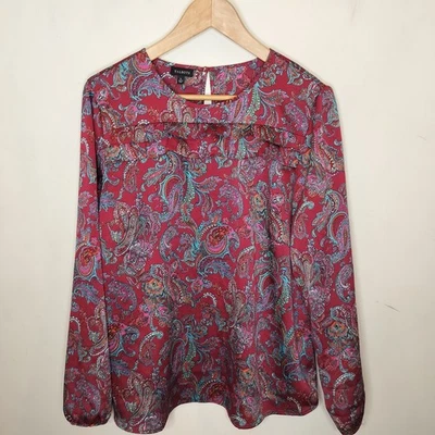 Talbots Paisley Satin Blouse Top Womens Large Ruffled Red Blue Long Sleeve - Image 1 of 4