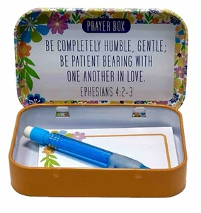 CAJA DE ORACIÓN con mini bloc de notas y lápiz azul diseño EFESIOS 4:2-3 pensamientos NUEVO - Imagen 1 de 7
