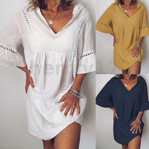 OFF WHITE Abito donna ZANZEA manica svasata scollo a V pizzo patchwork mini abiti Casaul