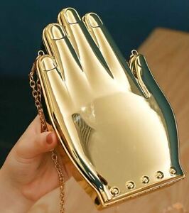 Gold Acrylic Palm Hand Shape Womens Clutch Shoulder Handbag Banquet Evening Bag