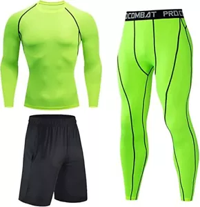 Mens GYM 3 piece Compression Running Set Rashguard Base Layer shorts Leggings - Picture 1 of 16