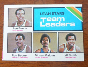 1975 TOPPS BASKETBALL #286 UTAH STARS TEAM LAEDERS MOSES MALONE EX+ B-96