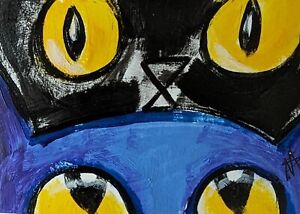 ACEO Malarstwo abstrakcyjne Kolekcjonerskie Oryginalna sztuka Czarny kot Samanthy McLean