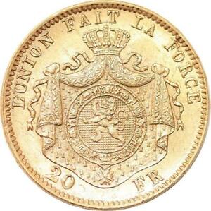 R1933 Rare Belgium 20 Francs Leopold II 1877 Or Gold UNC -> Make Offer