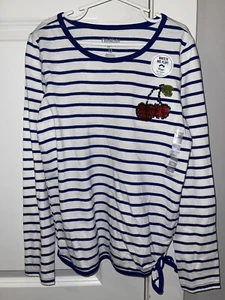 Neu ohne Etikett Mädchen OSH KOSH L/S blau/weiß gestreiftes Top mit Kirsche Flip Pailletten-Design Größe 12 - Bild 1 von 6