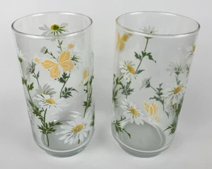 Gelbe Butterfies & Daisies 2 Trinkgläser Vintage Libbey Blumen Becher - Bild 1 von 8