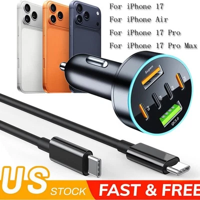 120W Fast Charging Type-C USB Car Charger Adapter For iPhone 17 16 15 14 Pro Max - Image 1 of 4