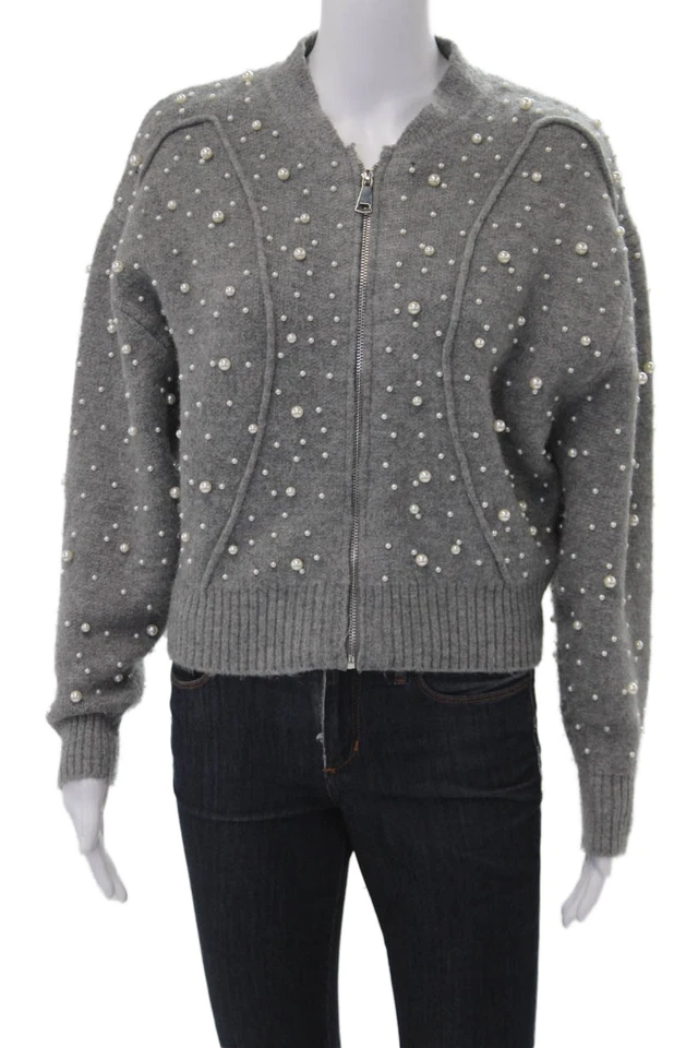 Zara Women Polka Dot Gray Full-Zip Cardigan Size M - Image 1 of 4