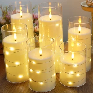 Velas sin llama con temporizador remoto, paquete de 6 velas de pilar LED marfil con fai... - Imagen 1 de 7
