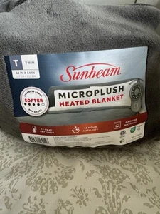 SUNBEAM TWIN HEATED BLANKET -GREY- MICROPLUSH, 12 HEAT SETTINGS, 12HR SHUT-OFF - Picture 1 of 6