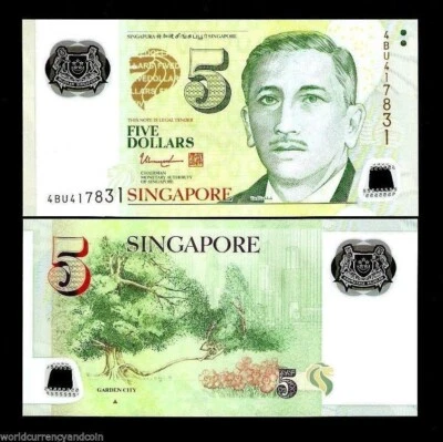 Singapore 5 DOLLARS P-47d ND 2014 UNC Polymer Singaporean World Currency NOTE - Image 1 of 2