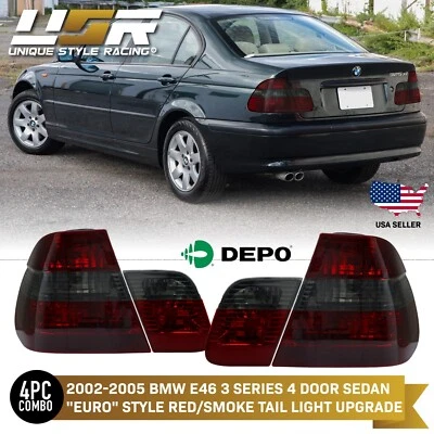 DEPO Euro Red/Smoke Rear Tail Light Set For 2002-2005 BMW E46 3 Series 4D Sedan Foto 1 de 4