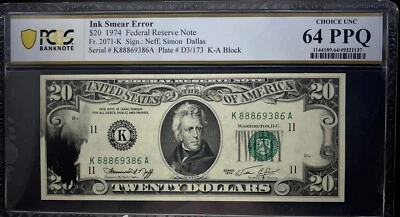 “INK SMEAR ERROR” 1974 $20 FRN, Fr. 2071-K, CHOICE UNC 64 PPQ - Image 1 of 4