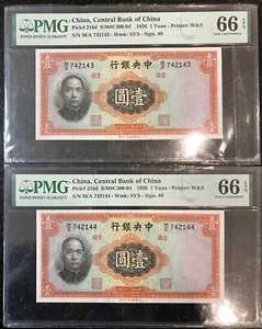 2pcs Consecutive China 1936 1 yuan Central Bank of China Pick#216d PMG GEM 66 - Picture 1 of 2