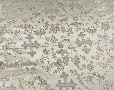 Ivory Gold Metallic Church Cross Brocade Fabric 60” Width Sold By The Yard - Image 1 of 4
