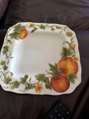 New 222 Fifth Classic Pumpkin 11" Square Porcelain Dinner Plate w/ Gold Rim Back - Image 1 of 4