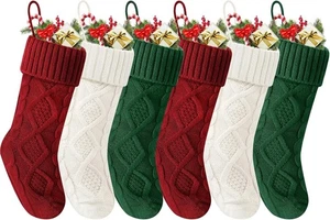 6 Pack Christmas Stockings 18" Knitted Red White Green Large Xmas Fireplace - Picture 1 of 8