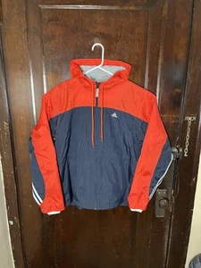 Adidas Windbreaker Jacket Large Full Zip Lined Hooded Warm Up Y2K Red Blue - Picture 1 of 10
