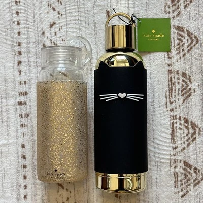 Botella de agua de acero inoxidable Kate Spade Lenox bigotes de gato y corazón -leer Foto 1 de 4