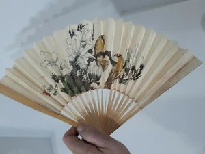 Vintage Hand Painted Paper And Bamboo Fan Made In China - Picture 1 of 6