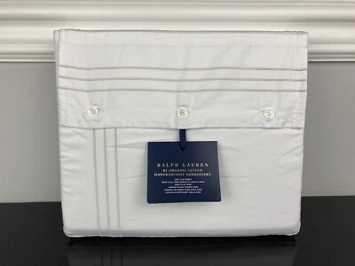 Ralph Lauren RL Organic Sateen Handkerchief Embroidery Flat Sheet Platinum KING - Image 1 of 3