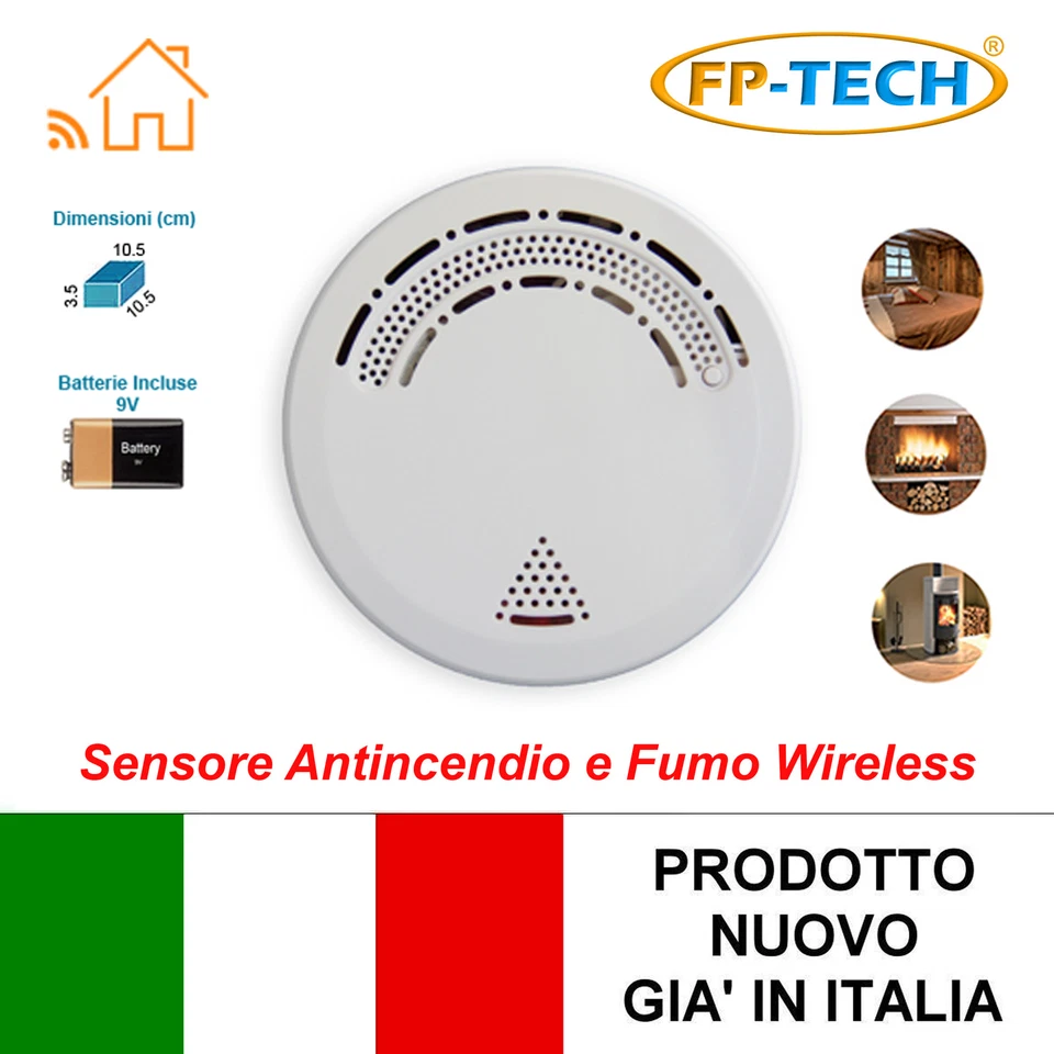 FP-TECH SENSORE ANTINCENDIO WIRELESS RILEVATORE FUMO ALLARME ANTIFURTO CASA UFFICIO