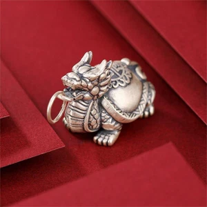 S990 Fine Silver Lucky Dragon Turtle Pendant Sterling Silver O Chain Necklace - Picture 1 of 5