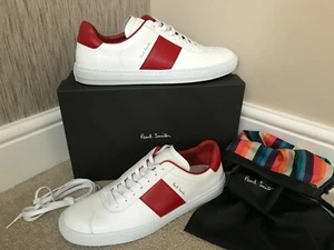 Paul Smith Weiße & Rote Leder Levon Sneakers UK 11 EU 45 Einzelhandel £285 BNIB - Bild 1 von 7