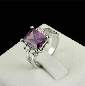 2.10Ct Emerald Cut Amethyst Simulated Engagement Ring in 14K White Gold Plated