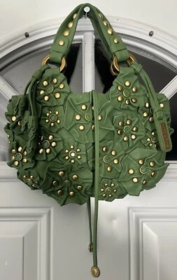 Vintage Isabella Fiore ( 1970’s ) Studedd Muffin Green Leather Mini Hand Bag - Image 1 of 4