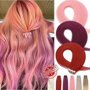 Seamless Tape In Remy Human Hair Extensions Brazilian Skin Weft Full Head #Pinky - Picture 1 of 48