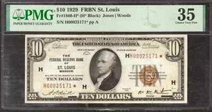 1929 $10 FEDERAL RESERVE BANK STAR NOTE FR.1860-H* ST LOUIS PMG 35 CH VF (171*) - Picture 1 of 2