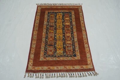 3 x 4 ft Blue Red Turkish Shawl Striped Hand Knotted Wool Tribal Area Rug - Image 1 of 4