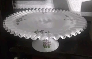 Fenton Violets In The Snow Milk Glass Silver Crest  Large Pedestal Cake Stand  - Picture 1 of 7