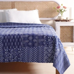 Handmade Indigo Blue Kantha Quilt Patchwork Throw Blanket 100% Cotton Bedspread - Picture 1 of 9