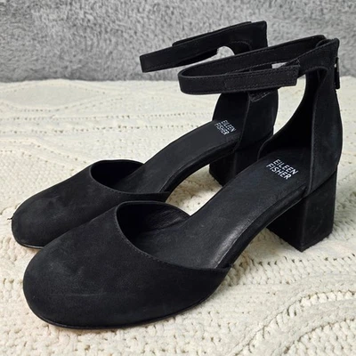Zapatos de salón Eileen Fisher negros de gamuza con correa al tobillo D'Orsay de tacón bloque talla 7 cremallera trasera Foto 1 de 4