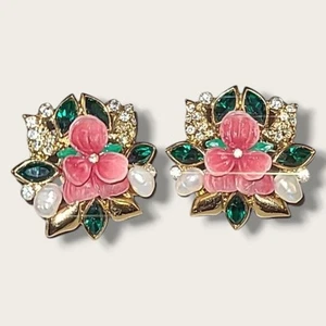 Pendientes de clip vintage de encaje de tarde por Shell Kepler flores rosas pedrería - Imagen 1 de 5