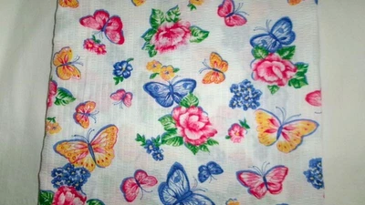 TELA SEERSUCKER ALGODÓN FLOR MARIPOSA AZUL AMARILLO BRILLANTE 45"W Foto 1 de 2