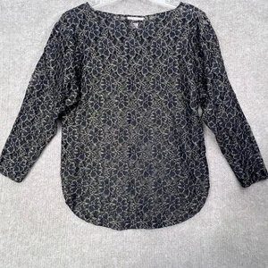 Halston III Black Gold Floral Lace Long Sleeve Top Size M Party Cocktail - Picture 1 of 7
