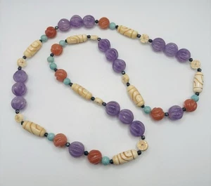 Vintage Amethyst Carnelian Carved Bead Gemstone Necklace Saks Fifth Ave NOS - Picture 1 of 9