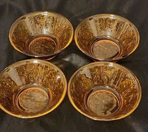 4 Vintage Tiara Amber Pressed "Sandwich Glass" Bowls 1970s Diameter 4.5" - Picture 1 of 5